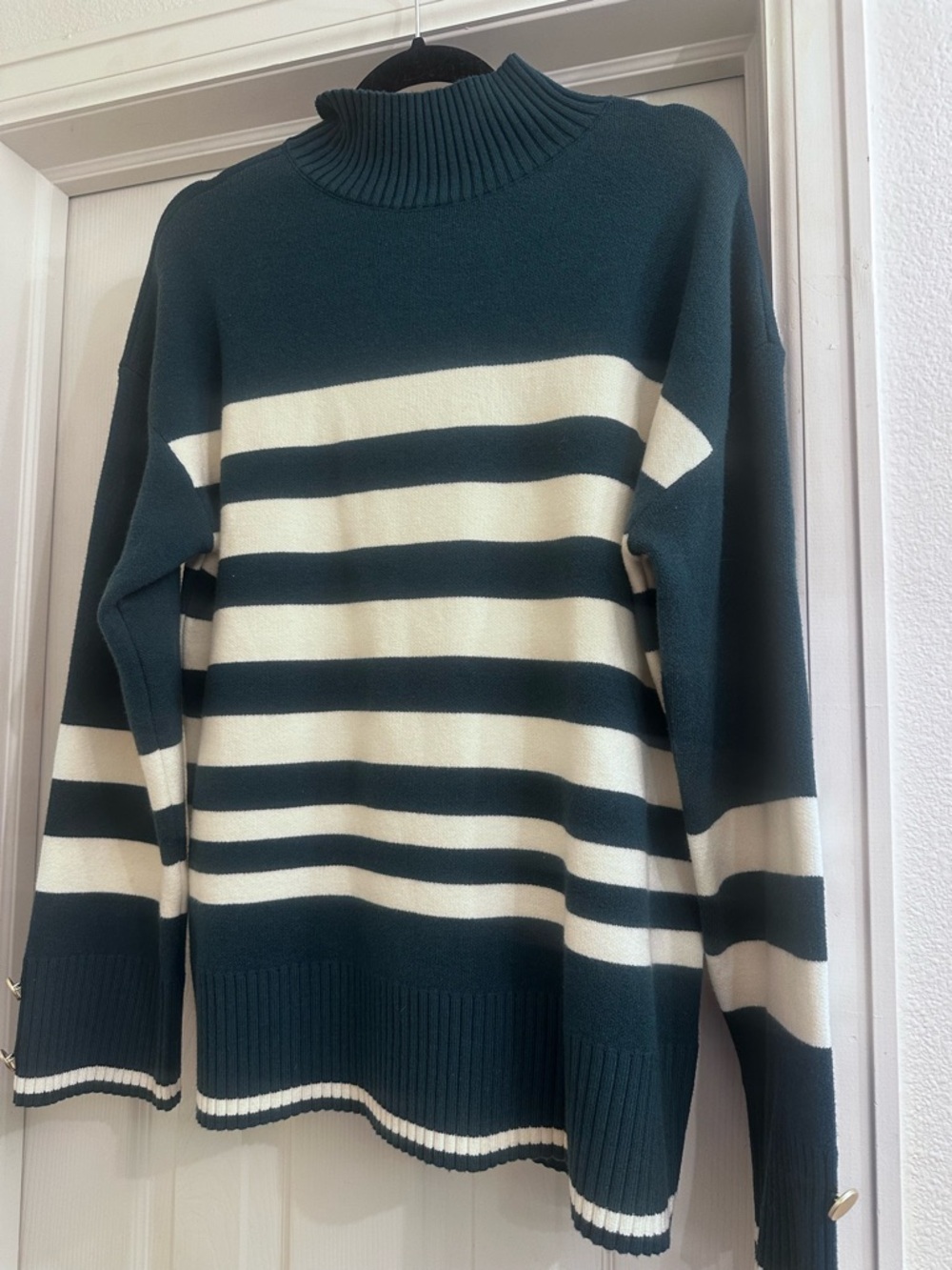 Striped Mock Neck women’s Sweater in Dark green and Cream